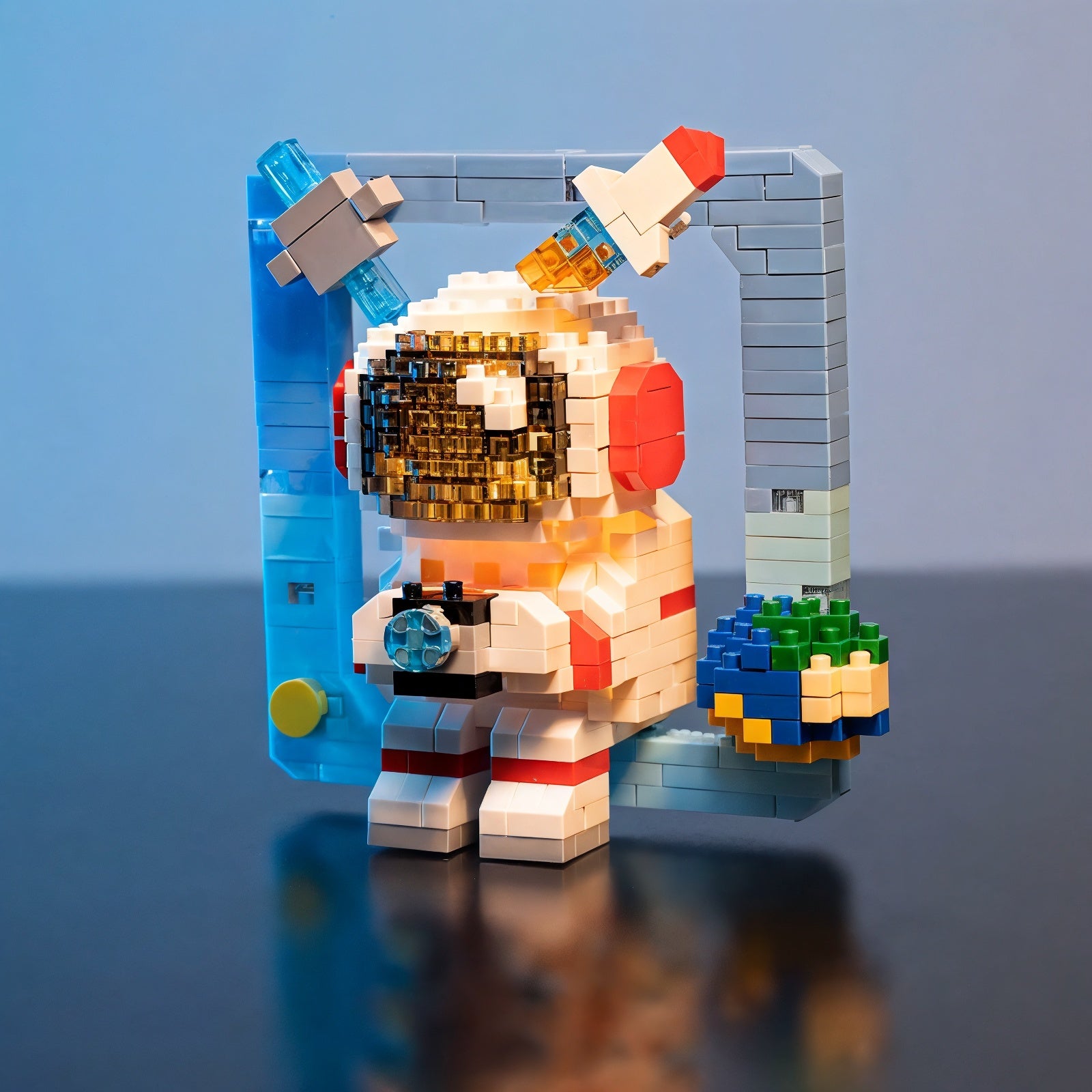 Miniature astronaut looking through a window — Lumari Minis collection, LumiBlocks